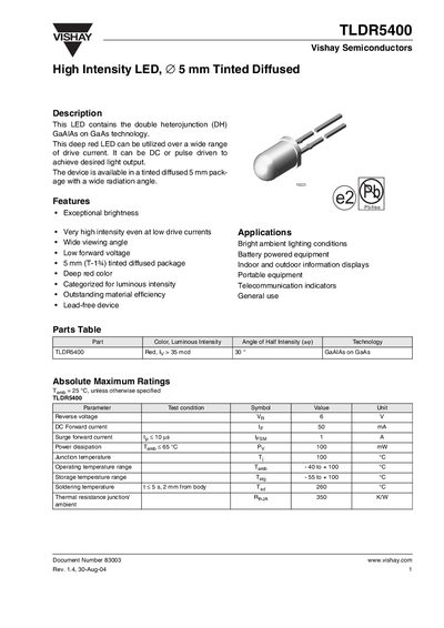 Vishay TLDR5400 LED Datasheet - cover page