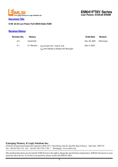 EMLSI EM641FT8V SRAM Datasheet - cover page