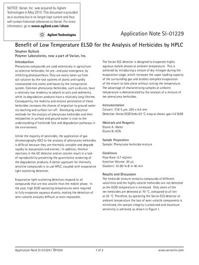 Varian Application Note SI-01229 Benefit of Low Temperature ELSD for the Analysis of Herbicides by HPLC - cover page
