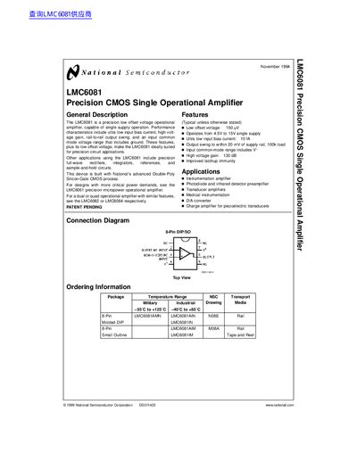 National Semiconductor LMC6081 Precision CMOS Single Operational Amplifier Datasheet - cover page