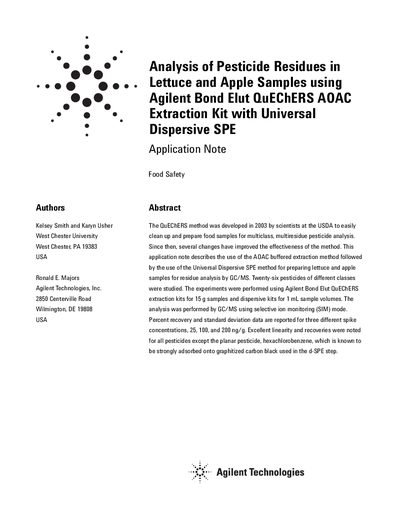 Agilent Bond Elut QUEChERS AOAC Extraction Kit Application Note - cover page