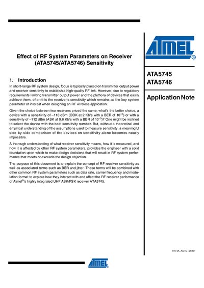Atmel ATA5745/ATA5746 Effect of RF System Parameters on Receiver Sensitivity Application Note