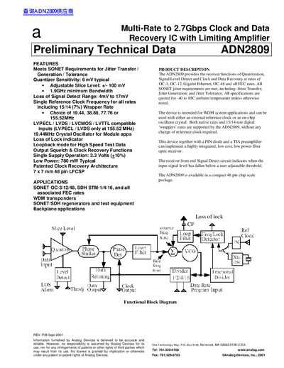 Analog Devices ADN2809 Preliminary Technical Data - cover page