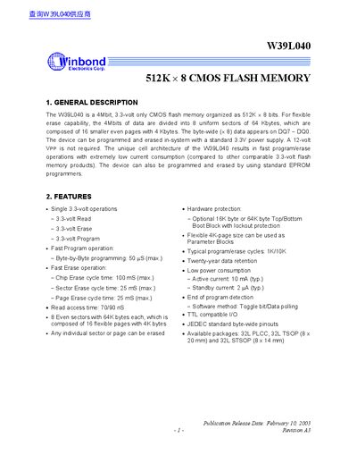 Winbond W39L040 512K x 8 CMOS Flash Memory Datasheet - cover page