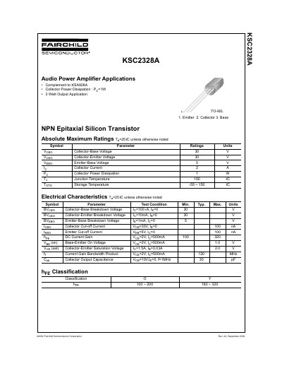 Fairchild Semiconductor KSC2328A NPN Transistor Datasheet - cover page
