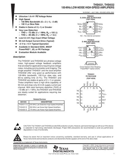 Texas Instruments THS4031 THS4032 100-MHz Low-Noise High-Speed Amplifiers Datasheet - cover page