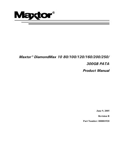 Maxtor DiamondMax 10 80/100/120/160/200/250/300GB PATA Product Manual - cover page