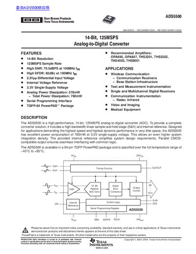 Texas Instruments ADS5500 14-Bit ADC Datasheet - cover page