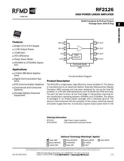 RFMD RF2126 High Power Linear Amplifier Datasheet - cover page