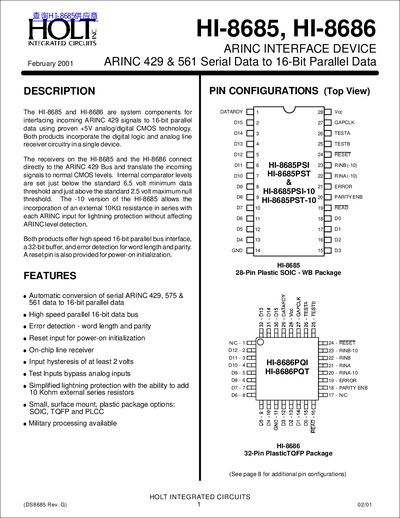 HOLT HI-8685 HI-8686 Data Sheet  - cover page