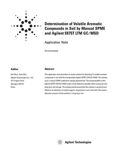Agilent 5975T LTM GC/MSD Application Note for Determination of Volatile Aromatic Compounds in Soil by Manual SPME - cover page