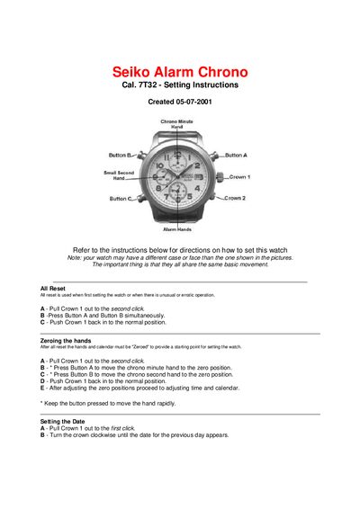 Seiko 7T32 Alarm Chrono Setting Instructions - cover page