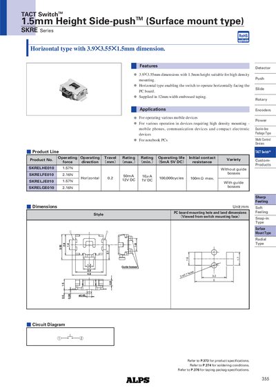 ALPS SKRE Series 1.5mm Height Side-push Surface Mount TACT Switch Datasheet - cover page