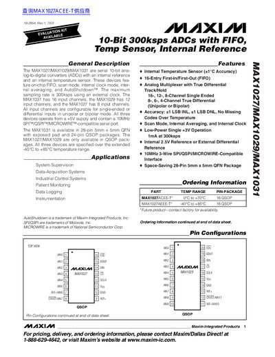 MAXIM MAX1027/MAX1029/MAX1031 10-Bit 300ksps ADCs with FIFO Temp Sensor Internal Reference handbook - cover page