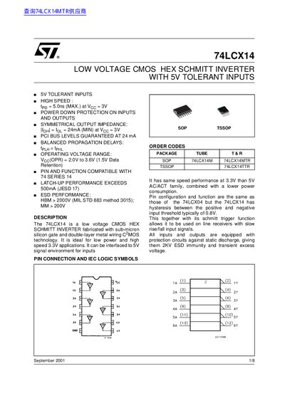 STMicroelectronics 74LCX14 Low Voltage CMOS Hex Schmitt Inverter Datasheet - cover page