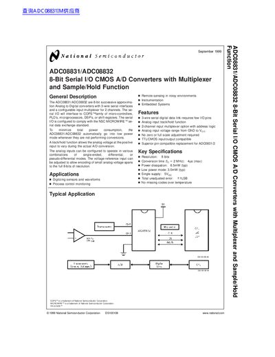 National Semiconductor ADC08831/ADC08832 8-Bit Serial I/O CMOS A/D Converters Datasheet - cover page