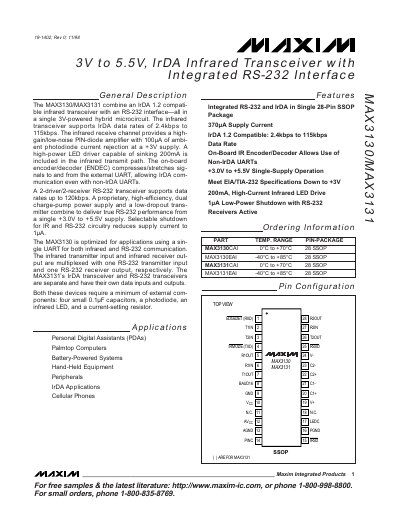 Maxim MAX3130/MAX3131 IrDA and RS‑232 Integrated Chip Datasheet - cover page
