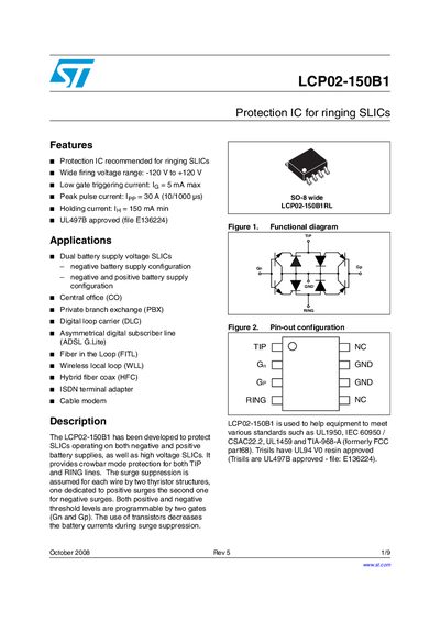 STMicroelectronics LCP02-150B1 Protection IC for Ringing SLICs Datasheet - cover page
