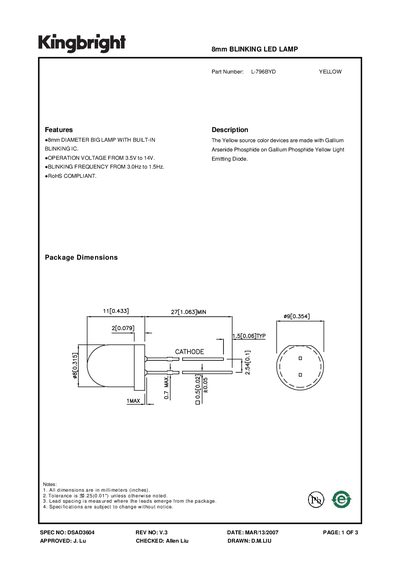 KINGBRIGHT 8mm BLINKING LED LAMP Manual REV NO: V.3 DATE: MAR/13/2007 - cover page