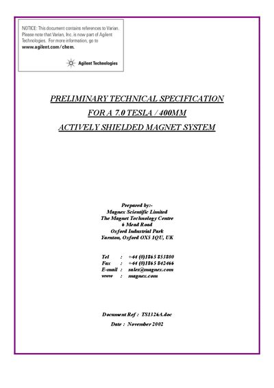 Magnex MRBR 7.0/400/AS Actively Shielded Magnet System Technical Specification - cover page