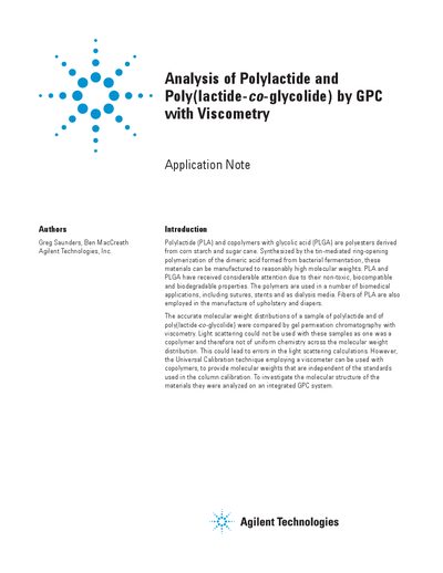 Agilent PL-GPC 50 Plus Analysis of Polylactide Application Note - cover page