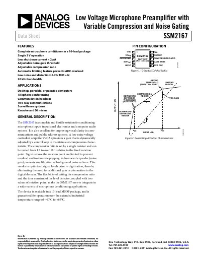 Analog Devices SSM2167 Low Voltage Microphone Preamplifier Datasheet - cover page