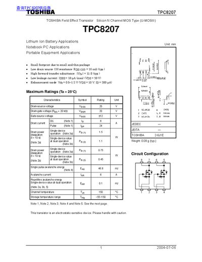 Toshiba TPC8207 MOSFET Datasheet - cover page