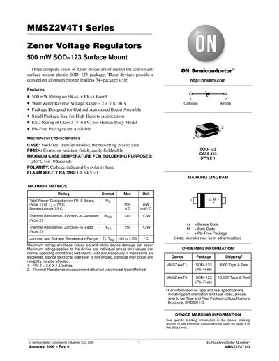 ON Semiconductor MMSZ2V4T1 Series Zener Voltage Regulator Datasheet - cover page