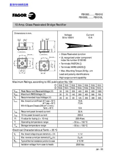 Fagor FB1000...FB1010 10 Amp. Glass Passivated Bridge Rectifier Datasheet - cover page