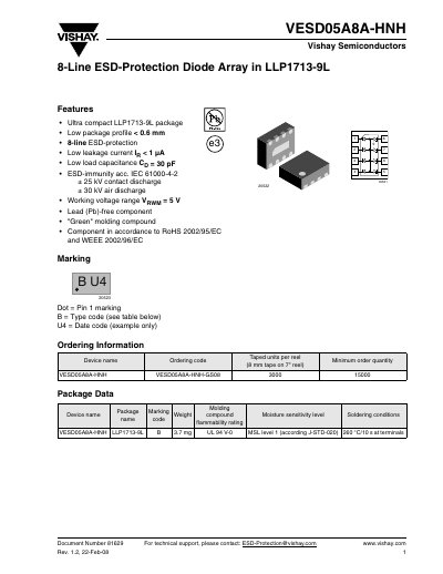 VISHAY SEMICONDUCTOR VESD05A8A-HNH 8-Line ESD-Protection Diode Array in LLP1713-9L handbook - cover page
