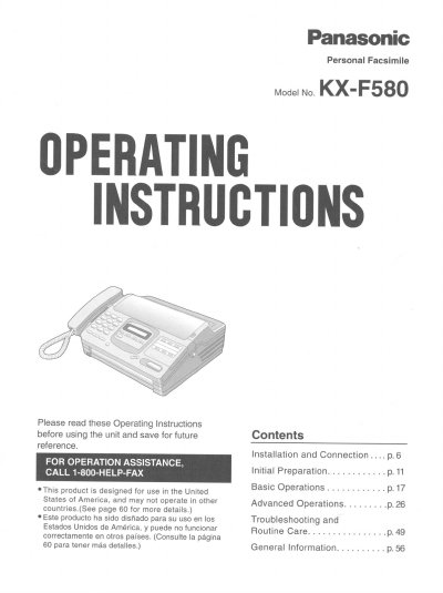 Panasonic KX-F580 Personal Facsimile Operating Instructions - cover page