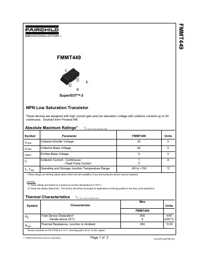 Fairchild Semiconductor FMMT449 NPN Low Saturation Transistor Datasheet - cover page