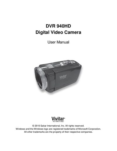 Vivitar DVR 940HD Digital Video Camera User Manual - cover page