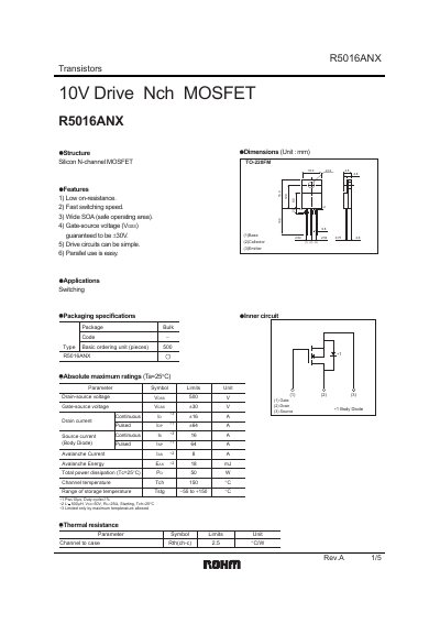 ROHM R5016ANX N-Channel MOSFET Datasheet - cover page