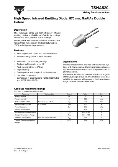 Vishay TSHA520 High Speed Infrared Emitting Diode Datasheet - cover page