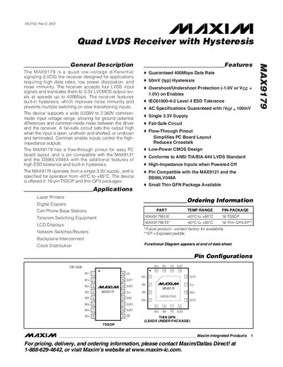 Maxim Integrated MAX9179 Quad LVDS Receiver Datasheet - cover page