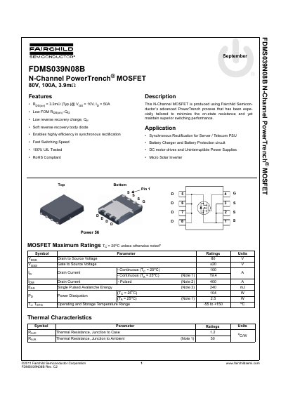 Fairchild FDMS039N08B N-Channel PowerTrench MOSFET Datasheet - cover page