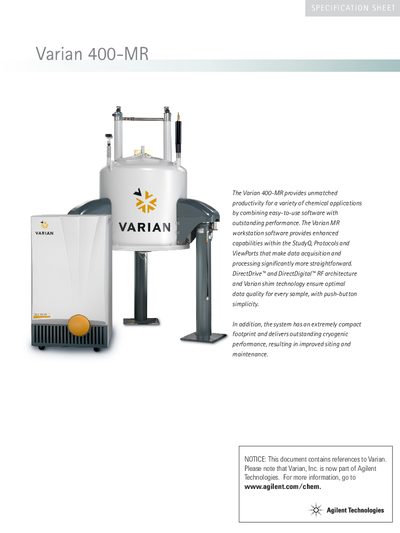 Varian 400-MR NMR Spectrometer Specifications - cover page