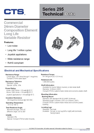CTS Series 295 Potentiometer Product Leaflet - cover page