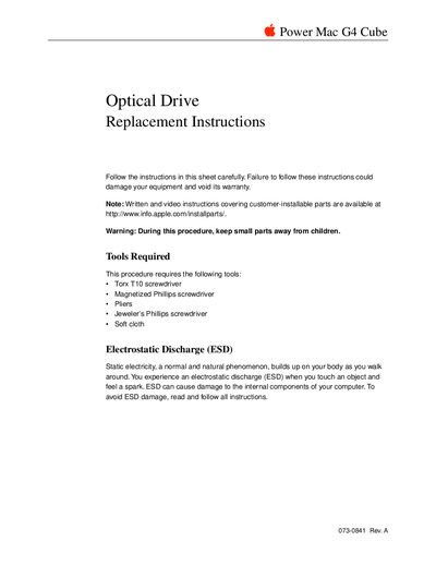 Apple Power Mac G4 Cube Optical Drive Replacement Instructions - cover page