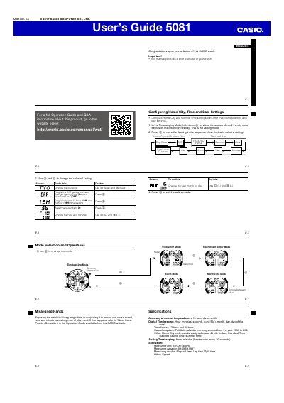 CASIO 5081 Watch User's Guide - cover page