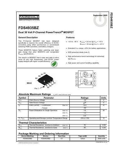 Fairchild FDS4935BZ Dual P-Channel PowerTrench MOSFET Datasheet - cover page