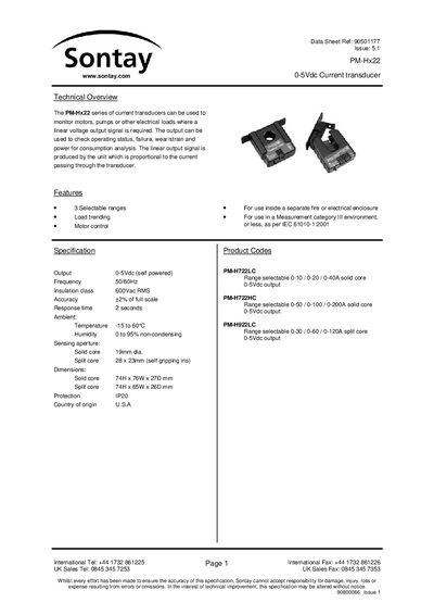 Sontay PM-Hx22 Current Transducer Data Sheet - cover page