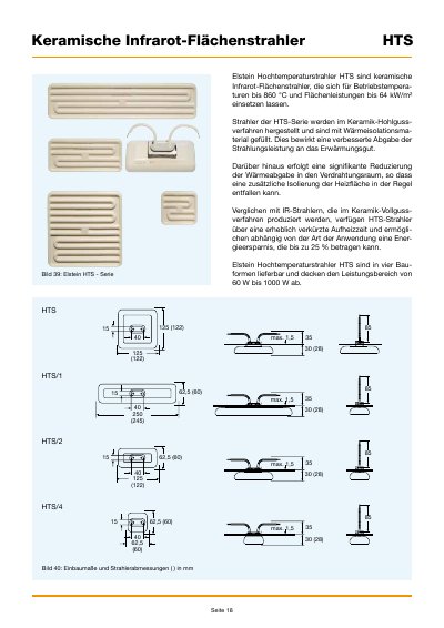 Elstein HTS Series Ceramic Infrared Flat Radiators Product Data Sheet - cover page