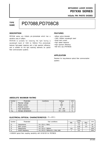 MITSUBISHI LASER DIODES PD7088 PD708C8 PD7XX8 SERIES InGaAs PIN PHOTO DIODES Manual - cover page