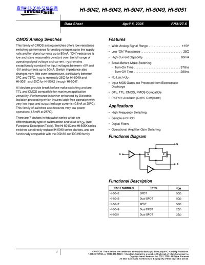 intersil HI-5042 HI-5043 HI-5047 HI-5049 HI-5051 Data Sheet - cover page