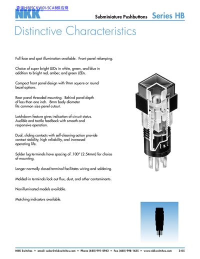 NKK Switches HB Series Subminiature Pushbuttons Distinctive Characteristics - cover page