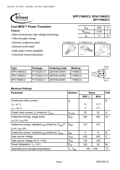 Infineon SPP11N65C3 / SPA11N65C3 / SPI11N65C3 Cool MOS Power Transistor Datasheet - cover page