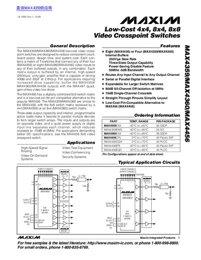 MAXIM MAX4359/MAX4360/MAX4456 Video Crosspoint Switches Datasheet - cover page