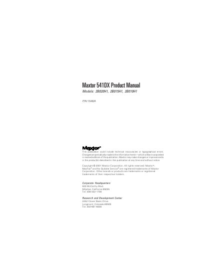 Maxtor 541DX Hard Disk Drive Product Manual - cover page